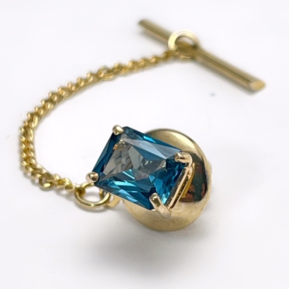 Vintage 14k Gold Blue Topaz Tie Tack on Chain